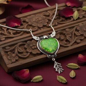 S925 Silver Green Fire Opal Heart Necklace Indian Boho Whimsigoth Statement Pend